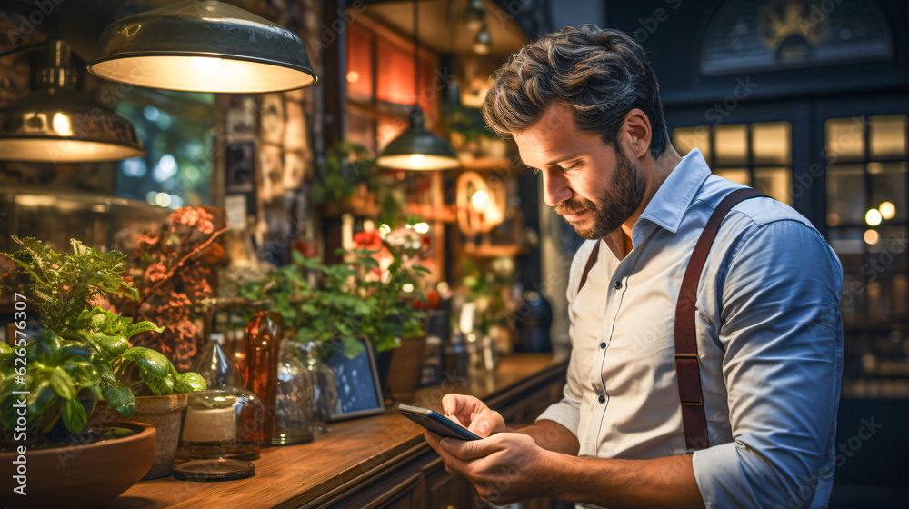 Cafe owner using smartphone in small business Cafe owner using smartphone in small business
