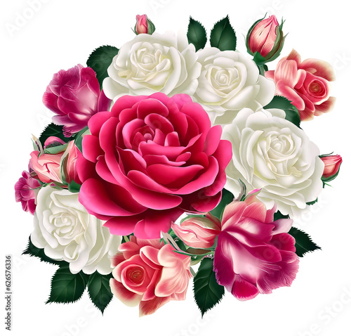Bouquet Of Pink And White Roses With Green Leaves Cutout Generative AI