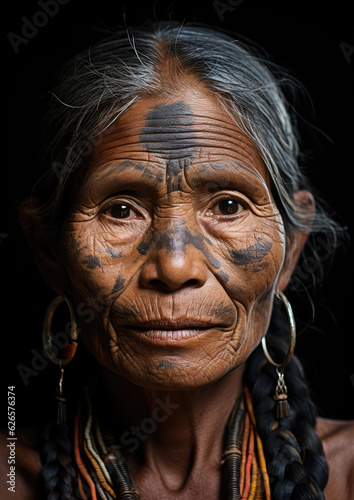 Tribal Woman Portrait-Yanomami Tribe-Middle Aged-Face Painted-Generative AI