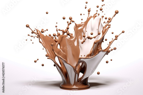 Chocolate Milk splash isolated on white - Creamy Chocolate: Captivating Milk Splash on White Background. Generative AI.