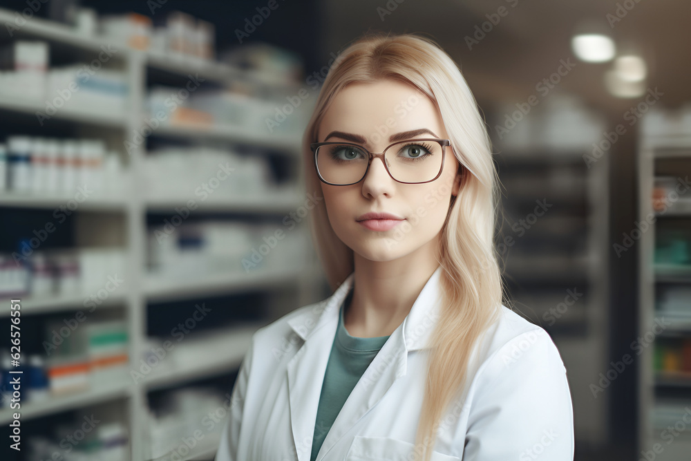 Portrait of a Young European Blonde Pharmacist Woman: AI Generated