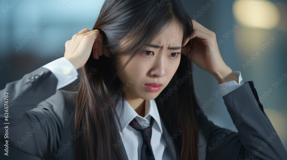 Chinese professional woman in a suit is touching her black hair Chinese professional woman in a suit is touching her black hair