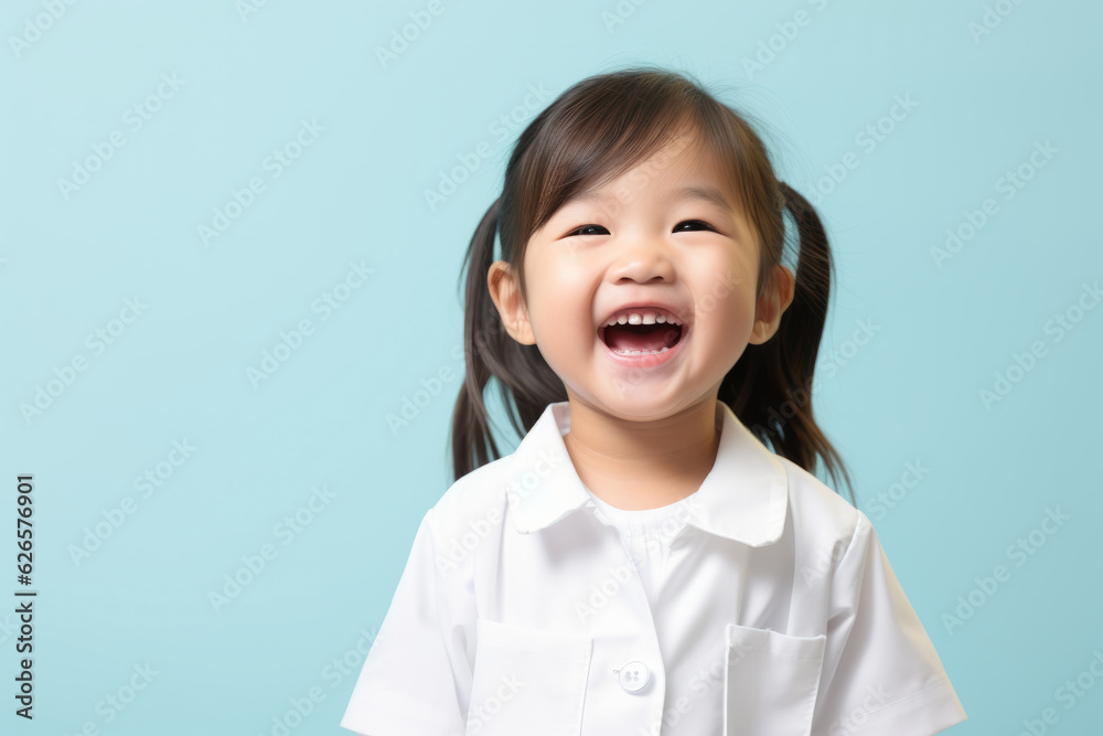 Little asian girl standing on pastel background, laughing out loud, wearing white nurse uniform Little asian girl standing on pastel background, laughing out loud, wearing white nurse uniform