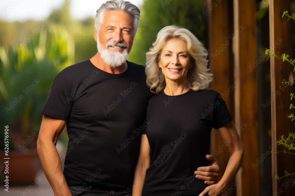 Old mature couple with matching Mockup black t-shirt Mockup , happy lovely man and woman