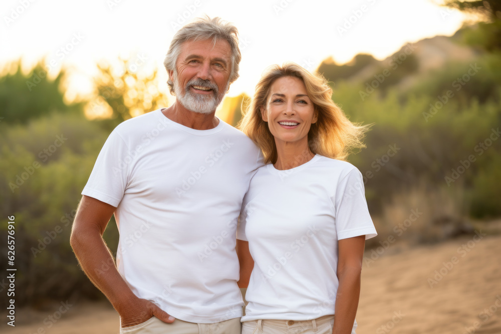 Old mature couple with matching Mockup White t-shirt Mockup , happy lovely man and woman