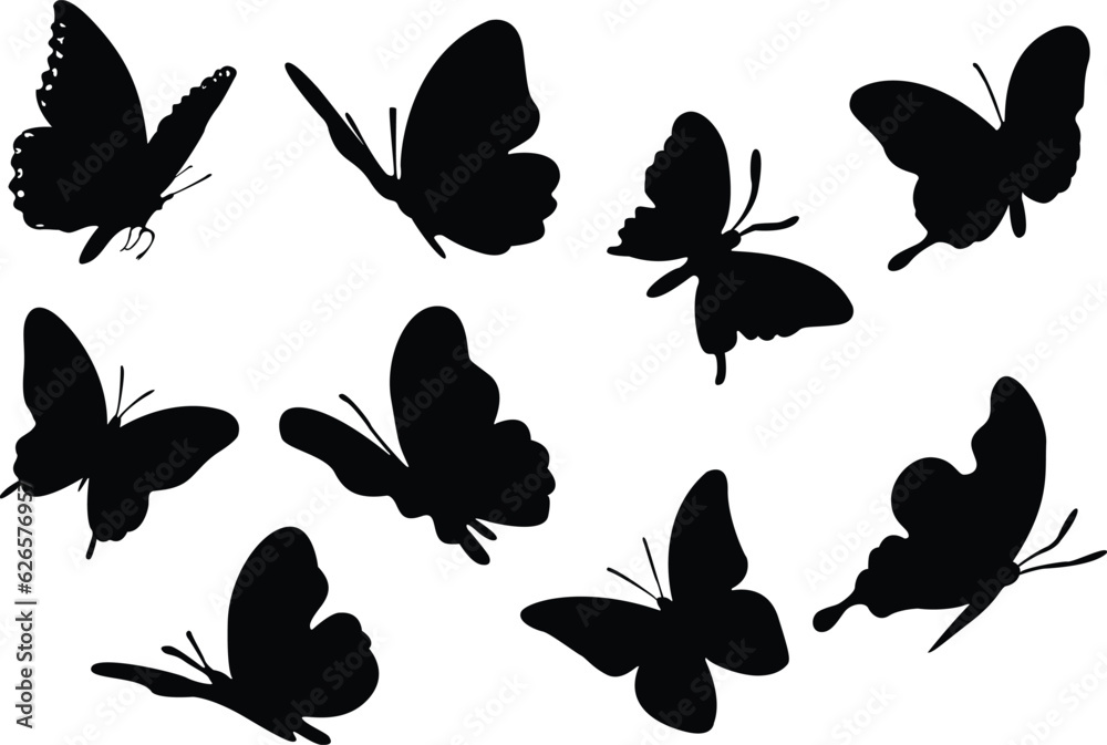 Set of butterfly silhouettes. Set of butterfly silhouette icons. Black butterflies. Vector illustration.