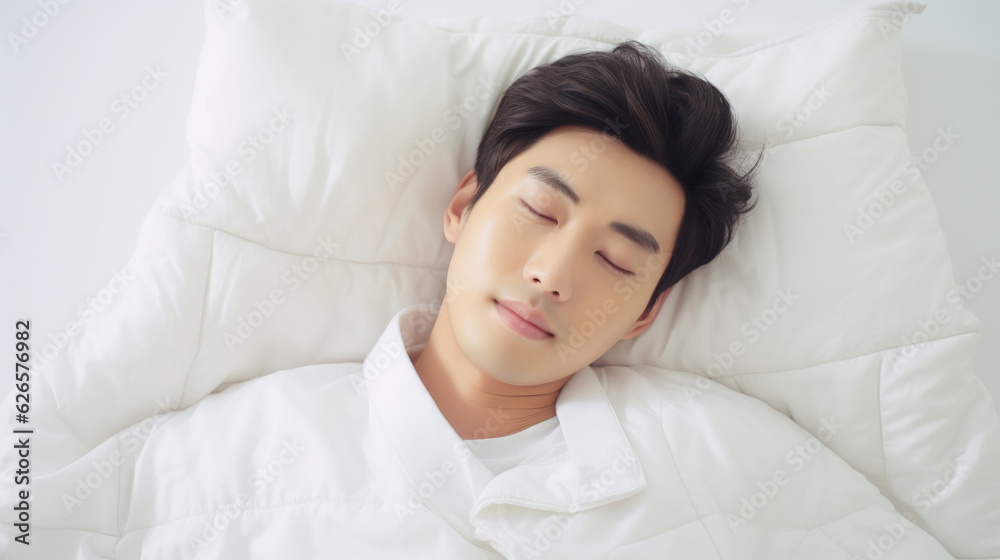 Asian man 20 yo in a white clothes laying down on white bed with white blanket, happily sleeping