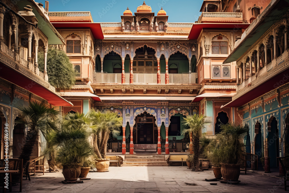 View of an Indian haveli a grand mansion house with intricate carved wooden facades and courtyard showcasing the rich architectural heritage of India.