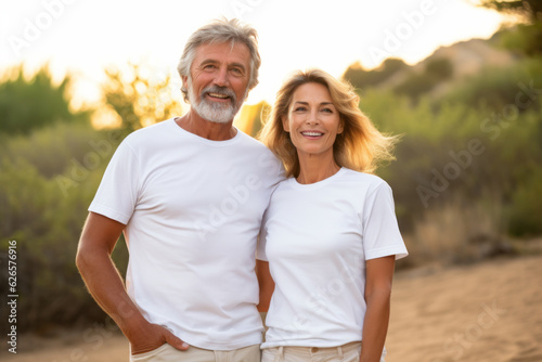 Fotografia, Obraz Old mature couple with matching Mockup White t-shirt Mockup , happy lovely man a