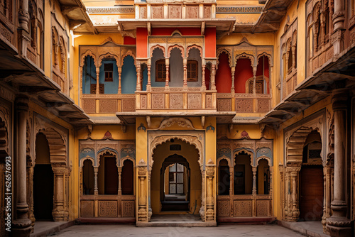 View of an Indian haveli a grand mansion house with intricate carved wooden facades and courtyard showcasing the rich architectural heritage of India. photo