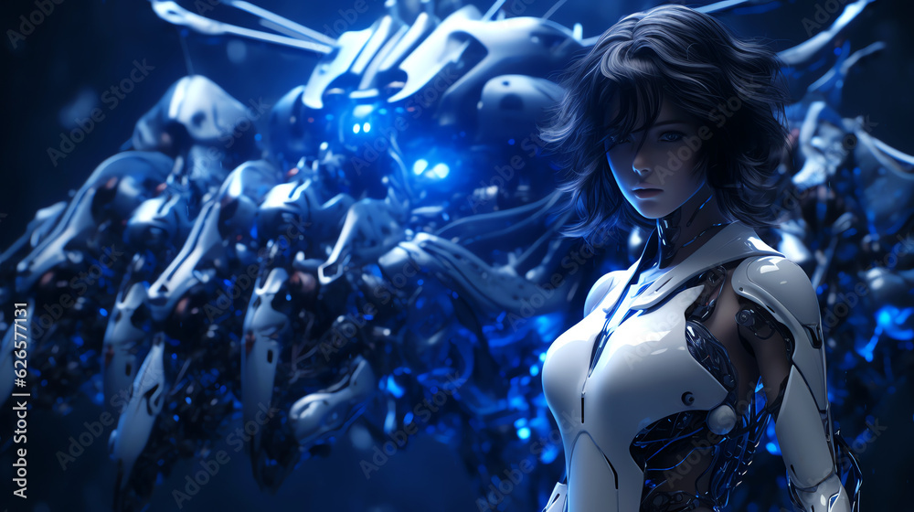 Fantasy android girl in front of mecha robot blue lights wallpaper desktop background - Generative AI