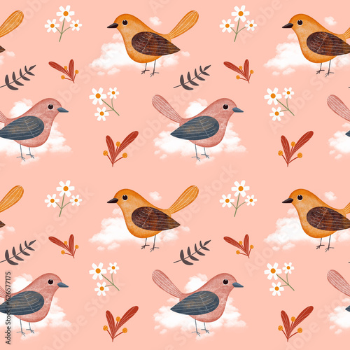 pattern design. Birds with cloud  floral and leaves elements seamless pattern. Hand drawn design. Suitable for home decor  home living  wall art  digital print  cover book.