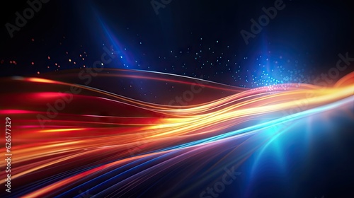 Abstract futuristic background with gold red blue glowing neon moving high speed wave lines and bokeh lights.