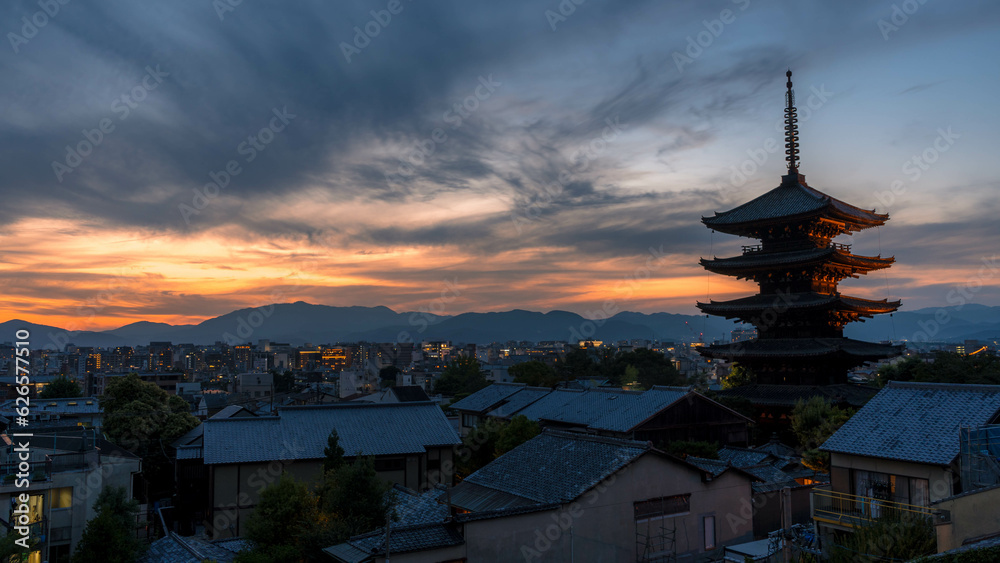 Night view of Yasaka five stories pagoda and Kyoto city in Japan