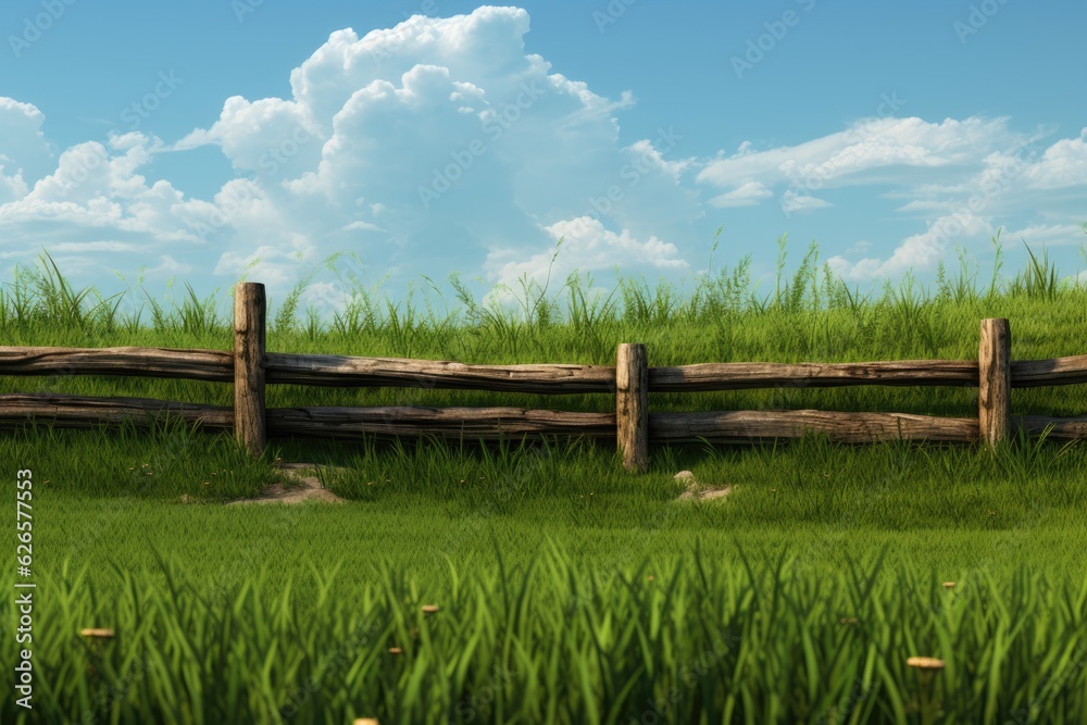 Green grass field with wooden fence.