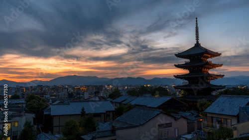 Night view of Yasaka five stories pagoda and Kyoto city in Japan