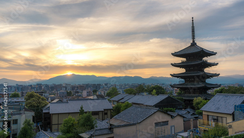 Sunset view of Yasaka five stories pagoda and Kyoto city at sunset in Japan