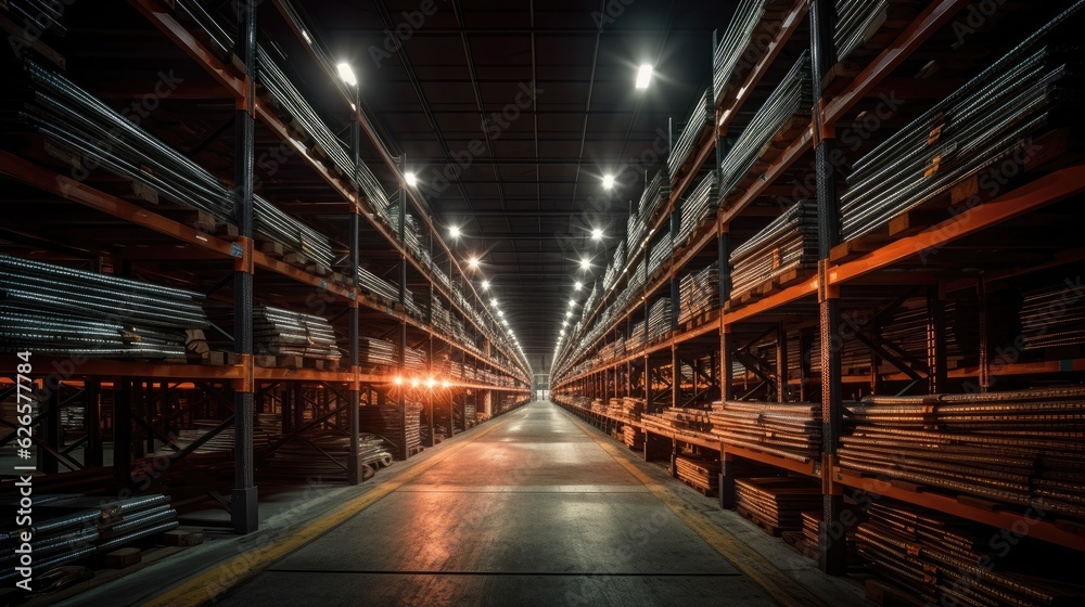 Steel in warehouse. industrial of Steel. Generative Ai