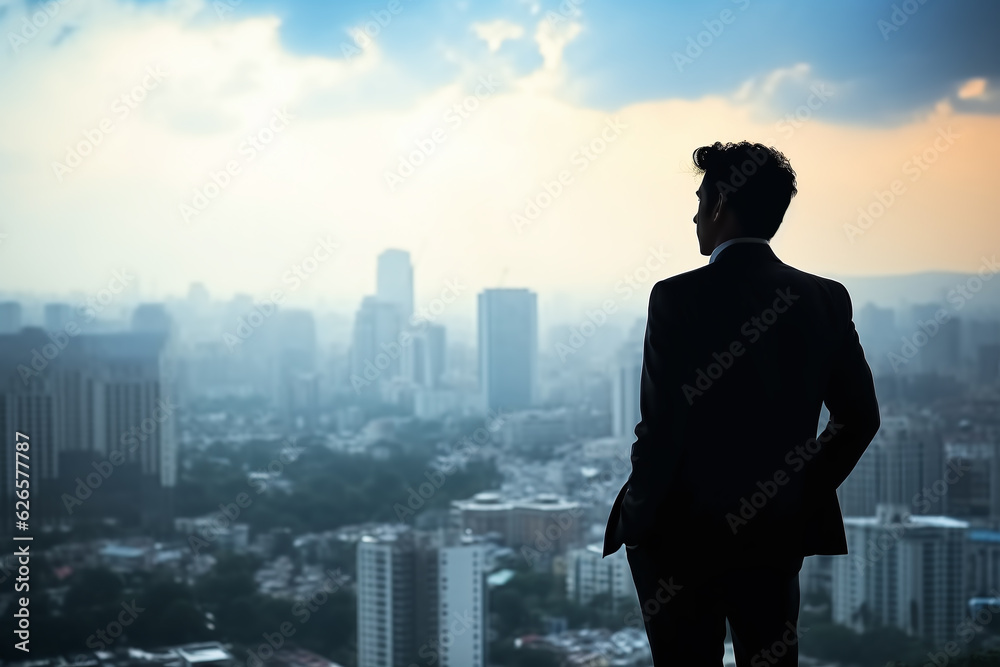 a businessman looks up at the skyscrapers of the metropolis. generative AI tools a businessman looks up at the skyscrapers of the metropolis. generative AI tools