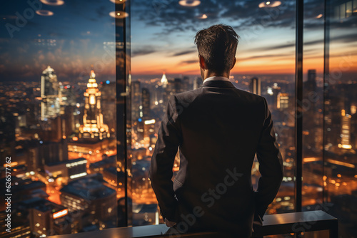 a businessman looks up at the skyscrapers of the metropolis. generative AI tools
