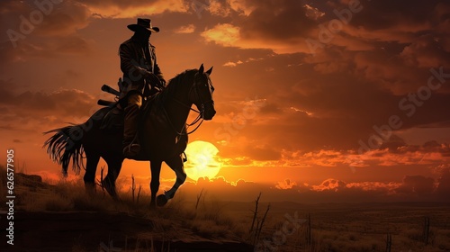 Rider silhouette. A cowboy riding a horse during sunset.