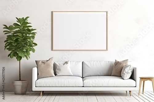 Blank horizontal poster frame mock up in minimal white style living room interior, modern living room and plants interior background.