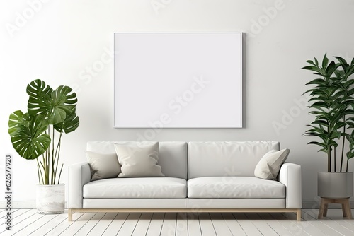 Blank horizontal poster frame mock up in minimal white style living room interior, modern living room and plants interior background.