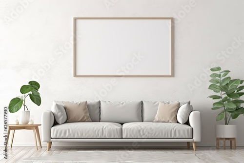 Blank horizontal poster frame mock up in minimal white style living room interior, modern living room and plants interior background.