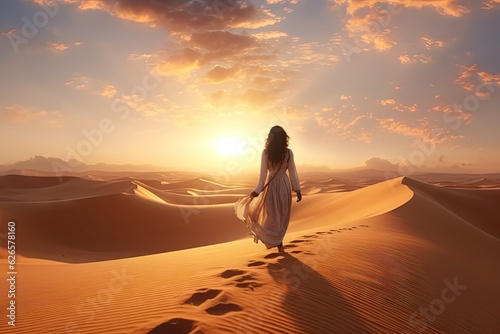 Woman walking in the desert dunes of Egypt. Saharan landscape. Travel to the arid sand dunes at sunset and clouds in background.