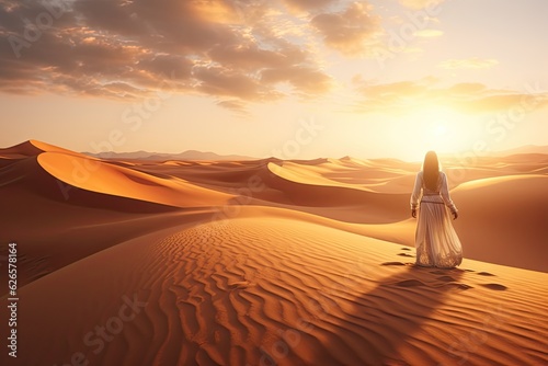 Woman walking in the desert dunes of Egypt. Saharan landscape. Travel to the arid sand dunes at sunset and clouds in background.