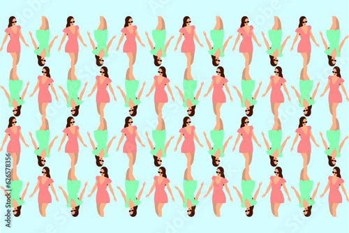 Graphic wallpaper k with a repeating vector illustration of a girl in a short dress in green and pink colors on a blue background