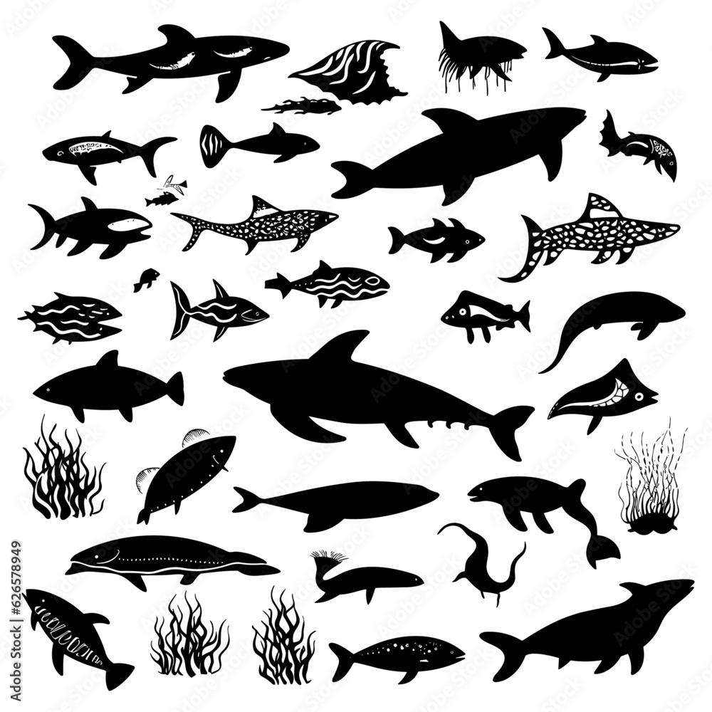 Big set of black white silhouette isolated sea ocean north animals. Doodle vector whale, dolphin, shark, stingray, jellyfish, fish, stars, crab, Vector Illustration.