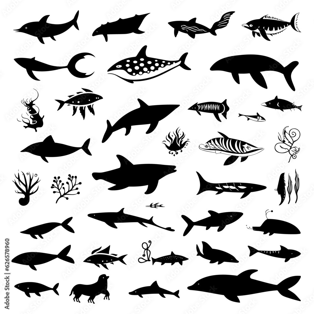 Fototapeta premium A set of silhouette illustrations of various sea fishes in hand drawn style