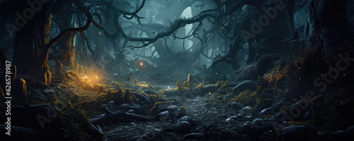 Beautiful magic forest in dark background. Magical fantasy or fairy scenery, night in a forest, copy space for text