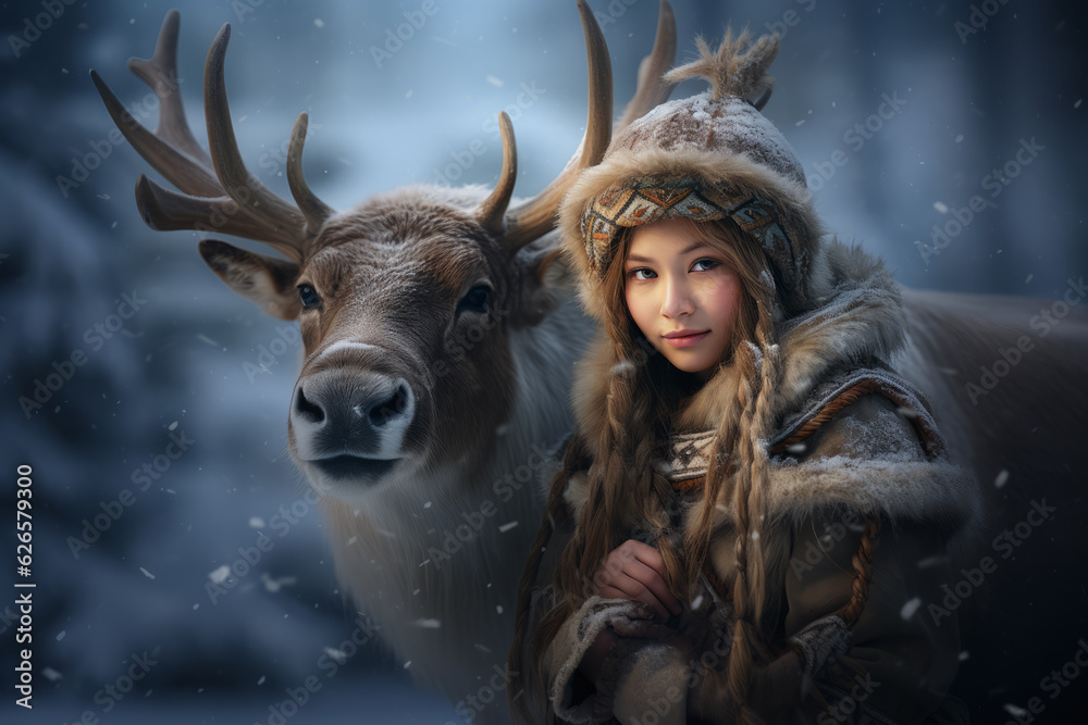 A young woman in traditional costume stands next to her reindeer