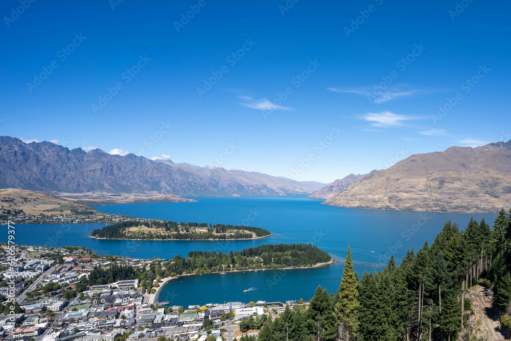 Lake Wakatipu and Queenstown aerial view, New Zealand