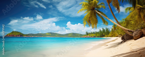 Beautifull summer beach, blue sea water and gold bech with sand and palms.