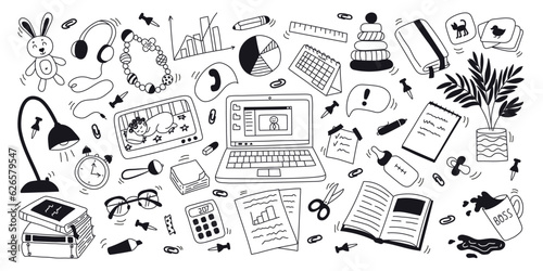 Set hand drawn doodle elements of table working mother. Laptop, notebook, children's toys, graphics, video babysitter. Flat vector illustration on white background