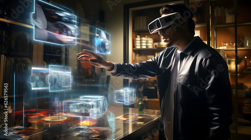 Futuristic image featuring a person wearing sleek augmented reality glasses, engaging with a stunning array of virtual objects in a seamlessly integrated environment. Topic of research and IT science. © MarlinArt