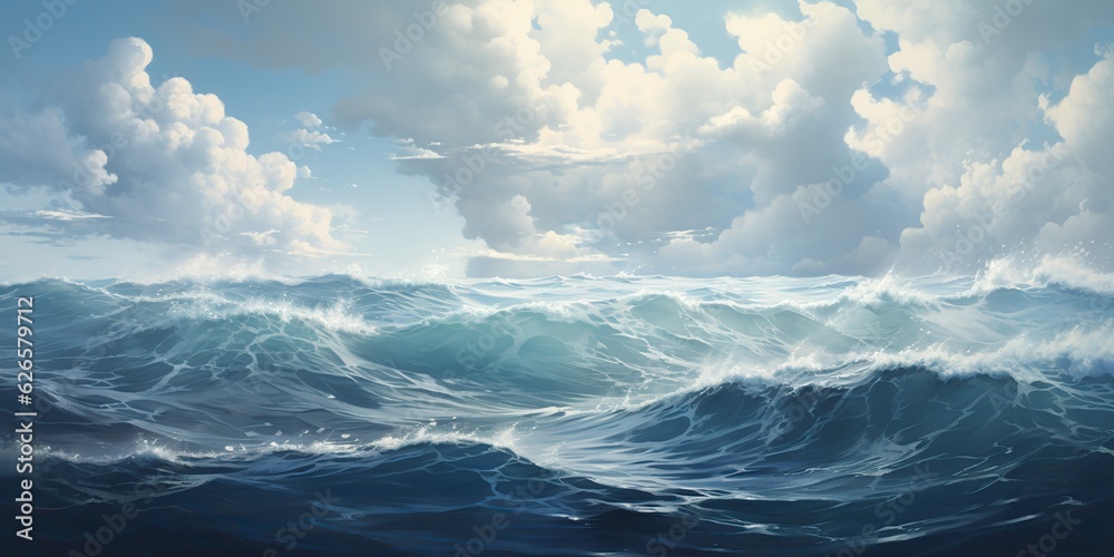 Fototapeta premium AI Generated. AI Generative. Outdoor nature navy nautical marine landscape with waves water sea ocean and sky clouds. Decoration background. Graphic Art