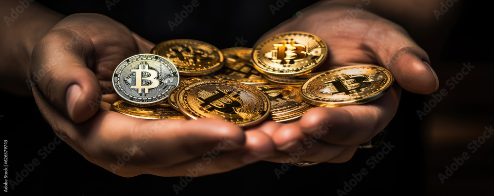 Bitcoin gold coins in hands with black background. wide banner Bitcoin gold coins in hands with black background. wide banner