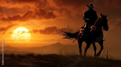 Silhouette of a cowboy riding a horse during sunset. © Stavros