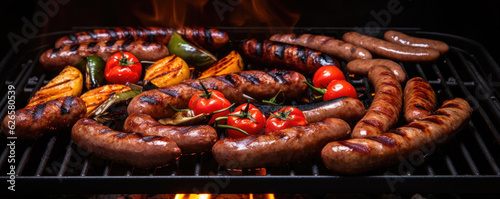 Assorted grilled sausage and meat. panorama photo