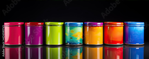 Group of color paint cans. wide banner, copy space for text