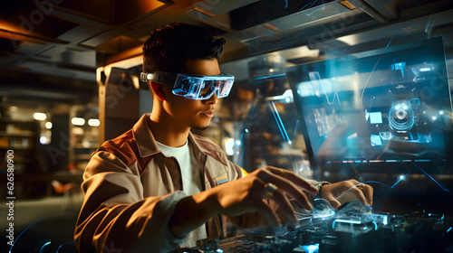 Futuristic image featuring a Asian young man wearing   augmented reality glasses, engaging with a stunning virtual objects in a seamlessly integrated environment. Topic of research and IT science. © MarlinArt