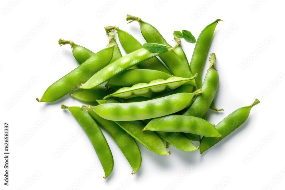 A visually stunning top view image of fresh snow peas on a clean white background, celebrating their crisp delight. Generative AI A visually stunning top view image of fresh snow peas on a clean white background, celebrating their crisp delight. Generative AI