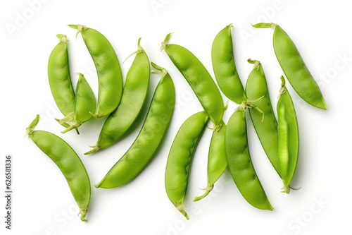 A visually stunning top view image of fresh snow peas on a clean white background, celebrating their crisp delight. Generative AI