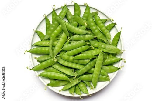 A visually stunning top view image of fresh snow peas on a clean white background, celebrating their crisp delight. Generative AI photo