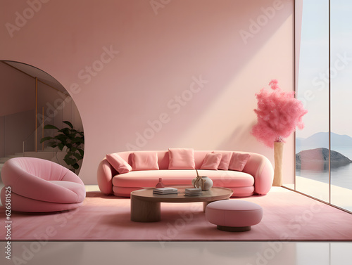 Minimalist modern retro barbiecore living room interior design with pink couch and natural light photo