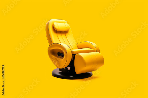 Yellow recliner chair sitting on top of black base on yellow background. photo